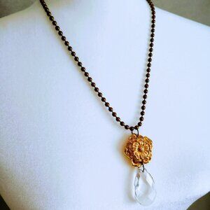 Gold Flower and Crystal Teardrop Pendant Necklace
